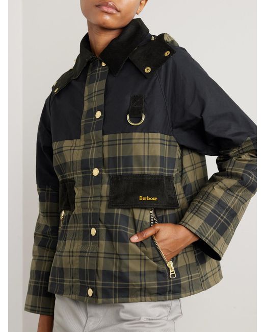 Barbour Green Elaine Hooded Corduroy-Trimmed Checked Waxed-Cotton Jacket