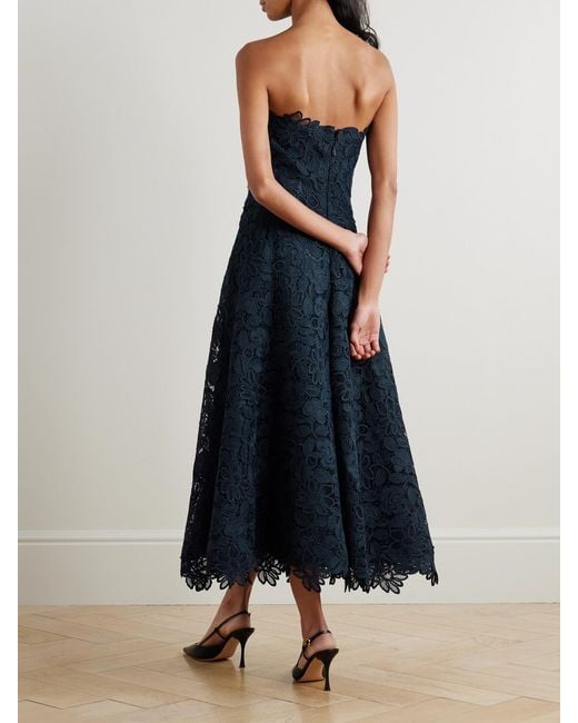 Costarellos Blue Toma Strapless Embellished Guipure Lace Midi Dress