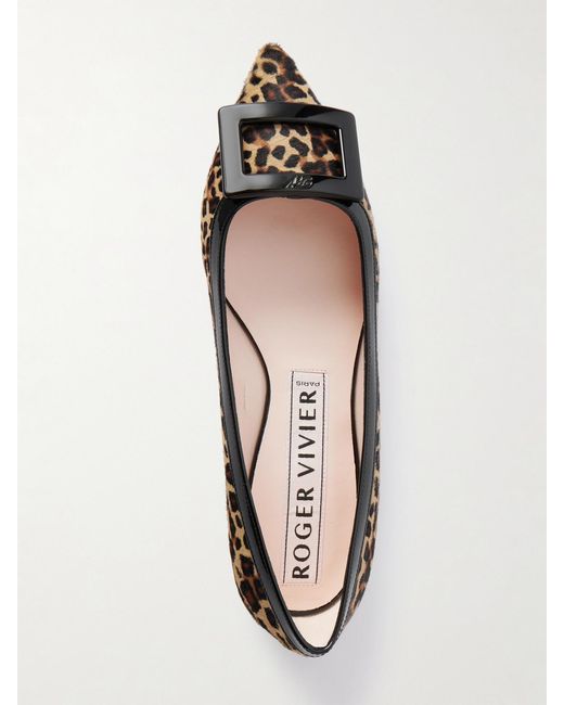 Roger Vivier White Gommettine Buckled Patent Leather-Trimmed Leopard-Print Calf Hair Ballet Flats