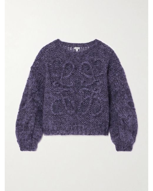 Loewe Women's Blue Anagram Embroidered Cable-Knit Mohair-Blend Sweater