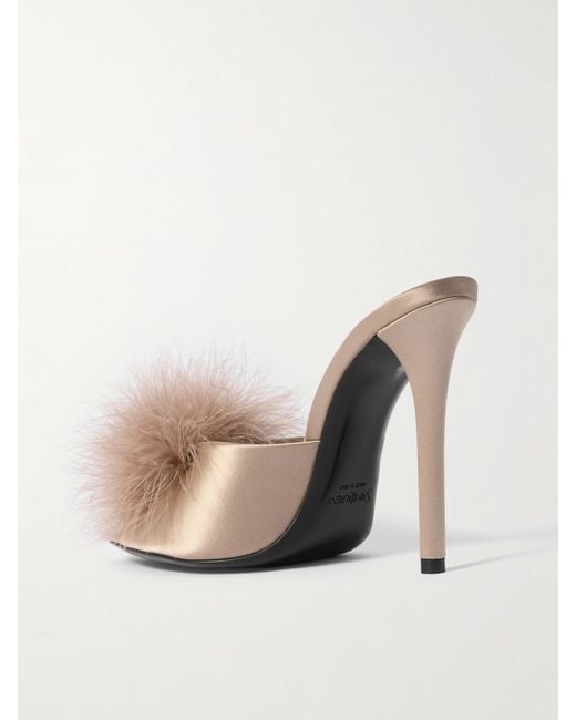 Saint Laurent Natural Goldie Mules Aus Satin Mit Federn