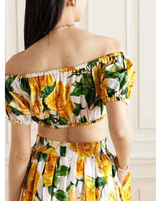 Dolce & Gabbana Blue Off-The-Shoulder Floral-Print Cotton-Poplin Top