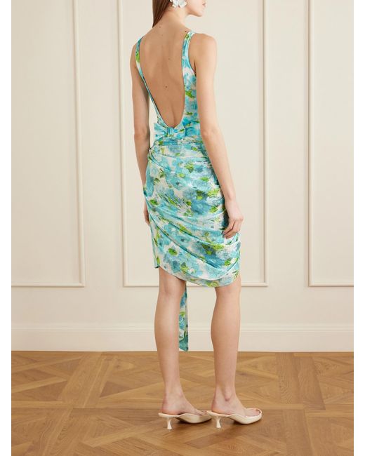 Chloé Blue Floral-Print Silk-Jacquard Draped Midi Skirt