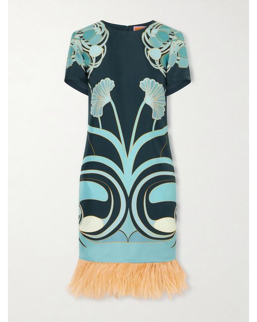 LaDoubleJ Green Swing Printed Feather-Trimmed Silk-Twill Mini Dress