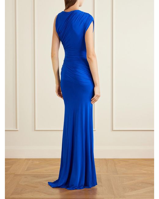 Alex Perry Blue Asymmetric Gathered Stretch-Jersey Gown