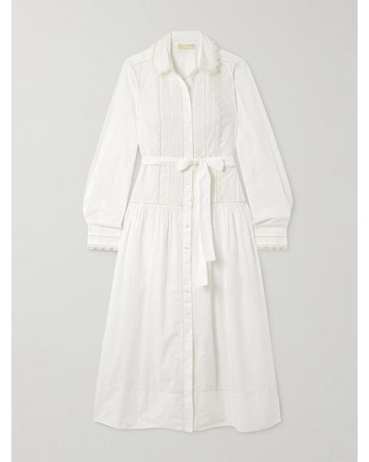 Ulla Johnson White Ariane Midikleid Aus Baumwollpopeline Mit Häkelbesätzen Und Bindegürtel