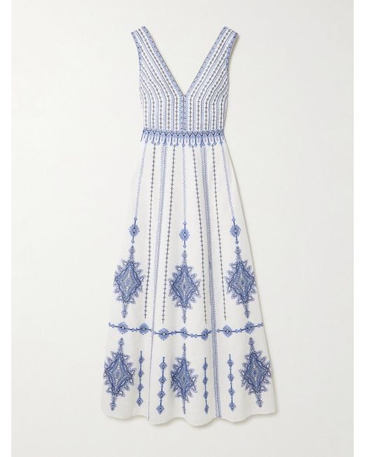 Emporio Sirenuse Blue Nellie Maxikleid Aus Einer Bestickten Leinen-Baumwollmischung