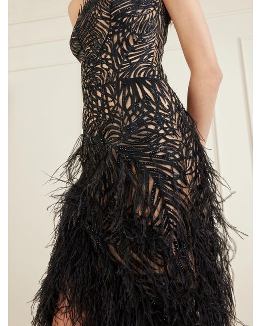 Oscar de la Renta Black Strapless Feather-Trimmed Embroidered Mesh Mini Dress