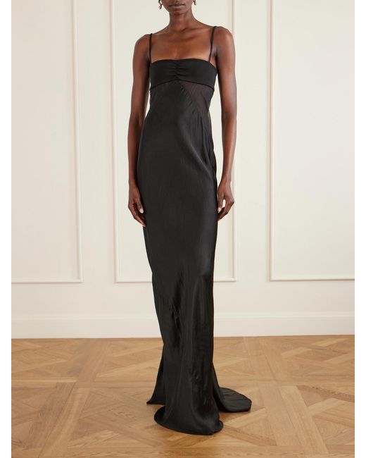 Rick Owens Black Tulle-Paneled Satin Maxi Dress