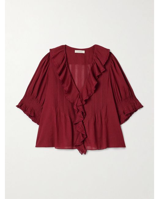 Doen Red Henri Lace-Trimmed Ruffled Pintucked Organic Cotton-Voile Blouse