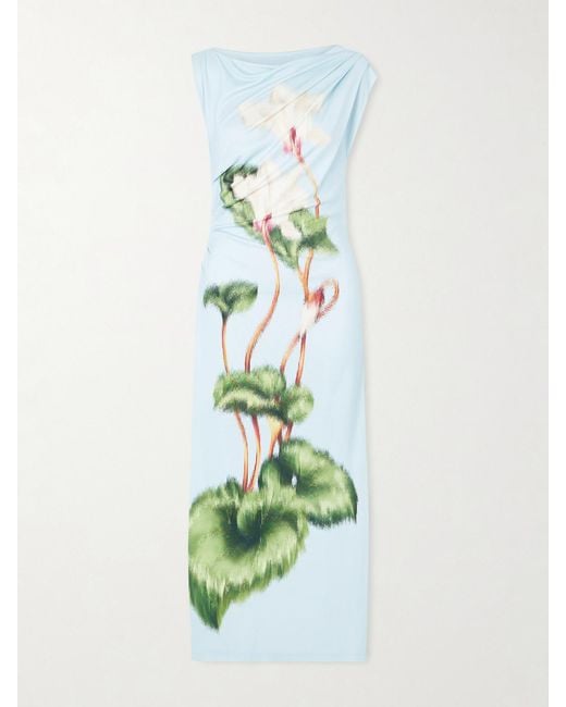 Oscar de la Renta Green Draped Printed Stretch-Jersey Midi Dress