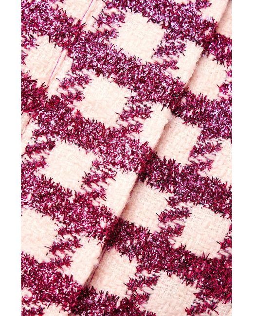 Oscar de la Renta Red Frayed Checked Metallic Wool-Blend Tweed Jacket