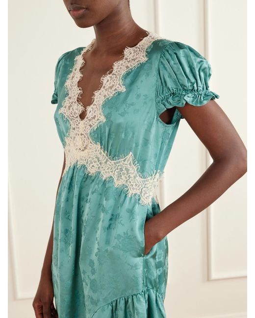 Sea Blue Shay Gathered Lace-Trimmed Floral-Jacquard Midi Dress