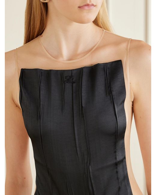 Courreges Black Logo-Appliqué Crinkled-Satin And Organza Bodysuit