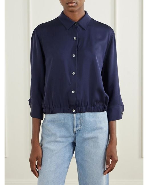 Theory Blue Gathered Crop Silk-Crepe Shirt