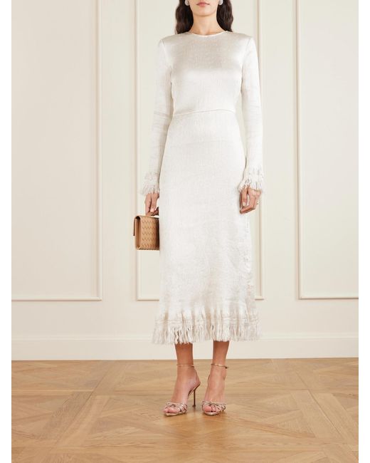 FFORME White Mina Frayed Textured Silk-Blend Satin Midi Dress