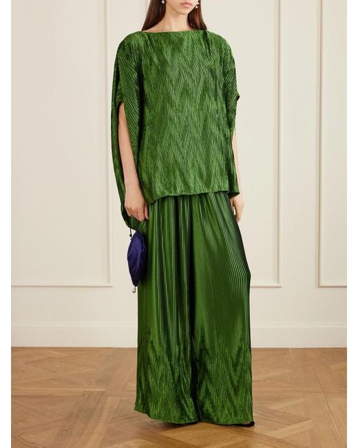 ‎Dima Ayad Green Metallic Plissé-Satin Wide-Leg Pants