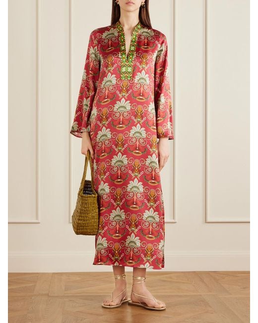 Emporio Sirenuse Red Jenna Printed Silk Midi Dress