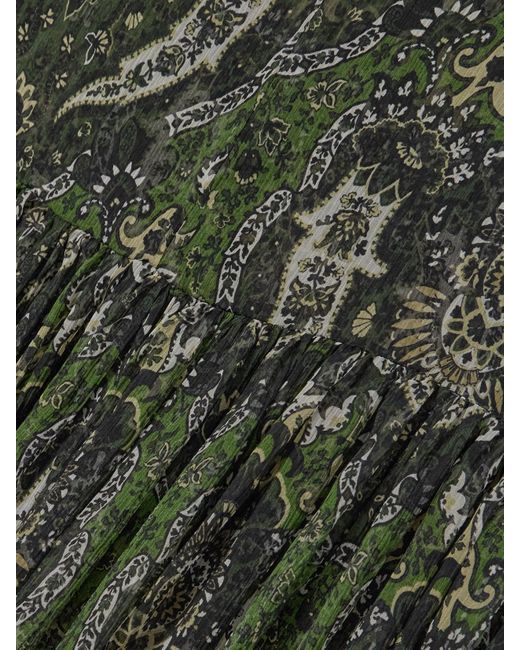 Robe Longue En Crépon De Soie Métallisé Imprimé À Col Noué Et À Smocks Saint Laurent en coloris Green