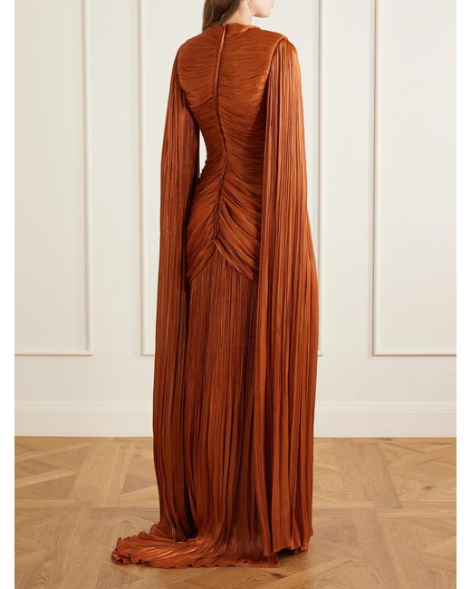 Marmar Halim Brown Pleated Ruched Satin Gown