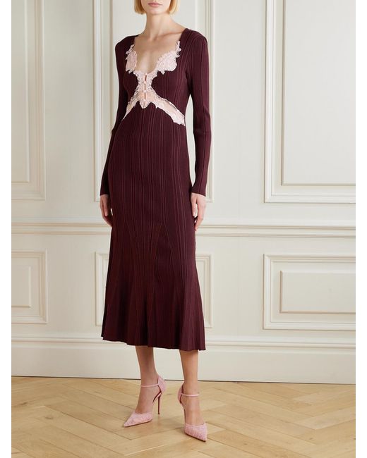 Self-Portrait Red Lace-Trimmed Ribbed-Knit Midi Dress