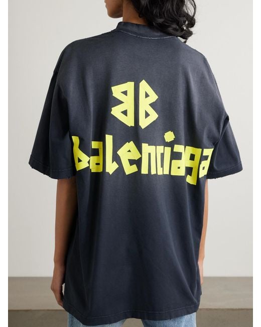 Balenciaga Blue Oversized Distressed Printed Cotton-Jersey T-Shirt