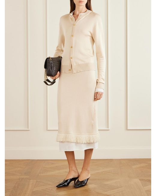 Bottega Veneta Natural Fringed Silk Midi Skirt