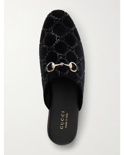 Gucci Black Slippers Aus Samt Mit Horsebit-Detail Und Kristallen