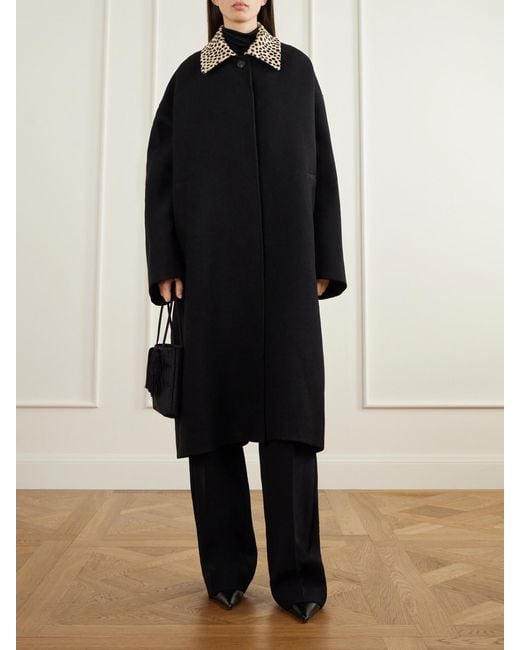 Rohe Black Cheetah Leopard-Print Calf Hair-Trimmed Virgin Wool Twill Coat