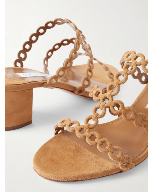 Aquazzura Brown Infinity Chain Perforated Suede Mules