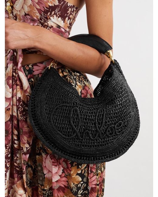 Chloé Black Summer Banana Leather-Trimmed Embroidered Raffia Tote