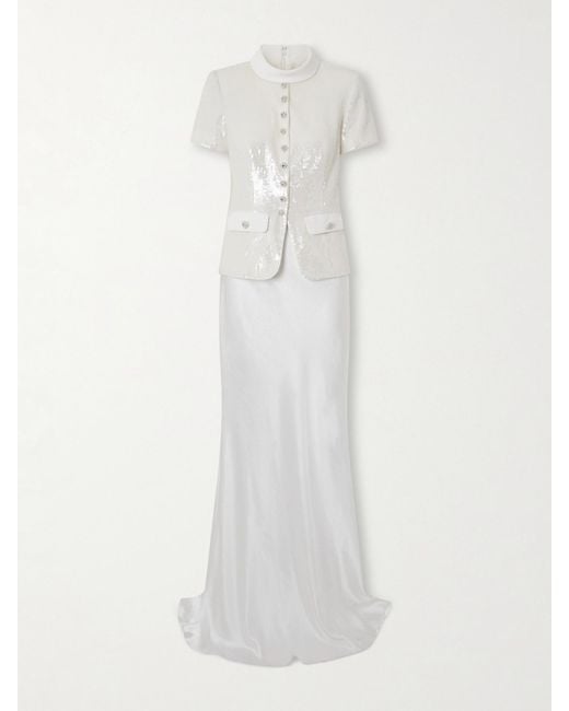 Self-Portrait White Embellished Satin Maxi Dress