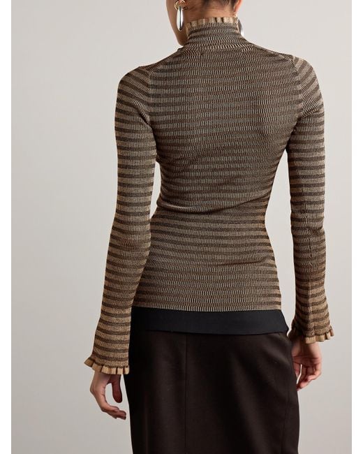 Proenza Schouler Brown Phyllis Ruffled Striped Ribbed-Knit Turtleneck Sweater