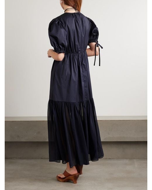 Ulla Johnson Blue Collage Gathered Cotton-Poplin And Silk-Georgette Midi Dress