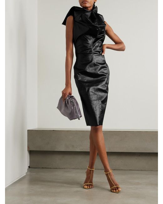 Rick Owens Black Draped Coated-Denim Midi Dress