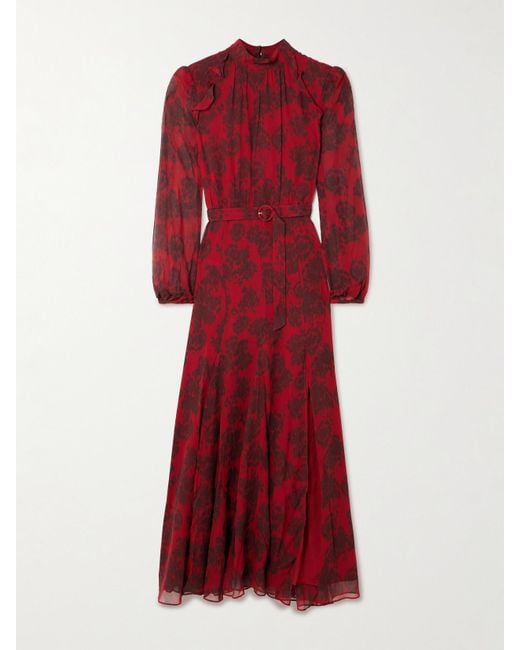 Saloni Red Jacqui-B Printed Silk Crepe De Chine Maxi Dress