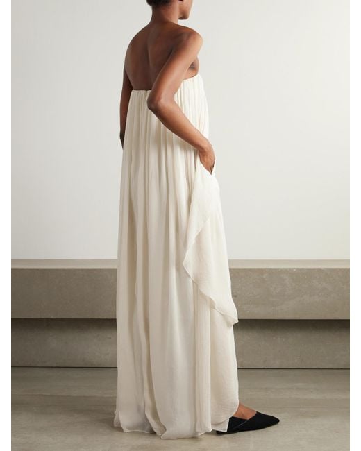 Abadia White Liya Trägerloser Jumpsuit Aus Popeline Mit Cape-Effekt Und Chiffonbesatz