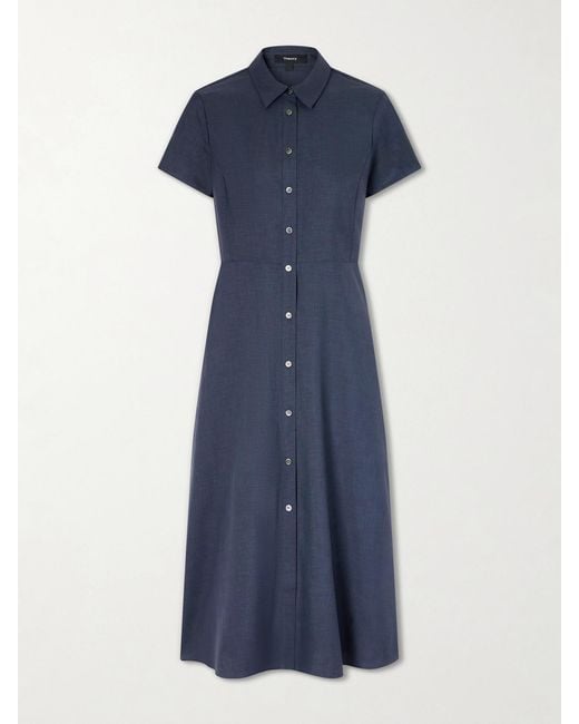 Theory Blue Belted Pleated Satin Midi Dress