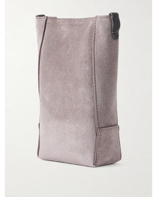 Brunello Cucinelli Gray Embellished Leather-Trimmed Suede Pouch