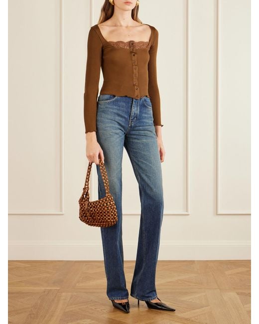 Saint Laurent Brown Le 5 À 7 Leather-Trimmed Woven Wood Shoulder Bag