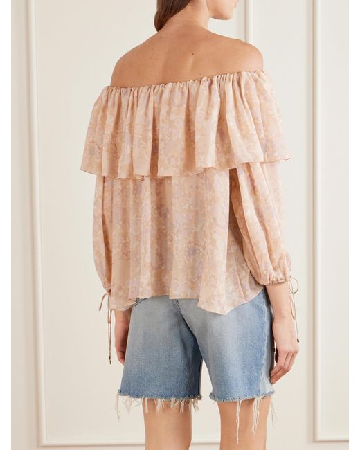 Chloé Natural Off-The-Shoulder Ruffled Floral-Print Silk-Charmeuse Blouse
