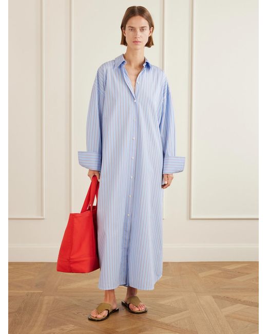 Totême Blue Belted Striped Cotton-Poplin Maxi Shirt Dress