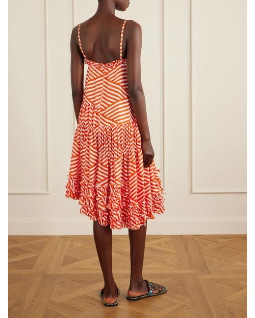 Dries Van Noten Orange Demi Ruffled Asymmetric Striped Cotton Midi Dress