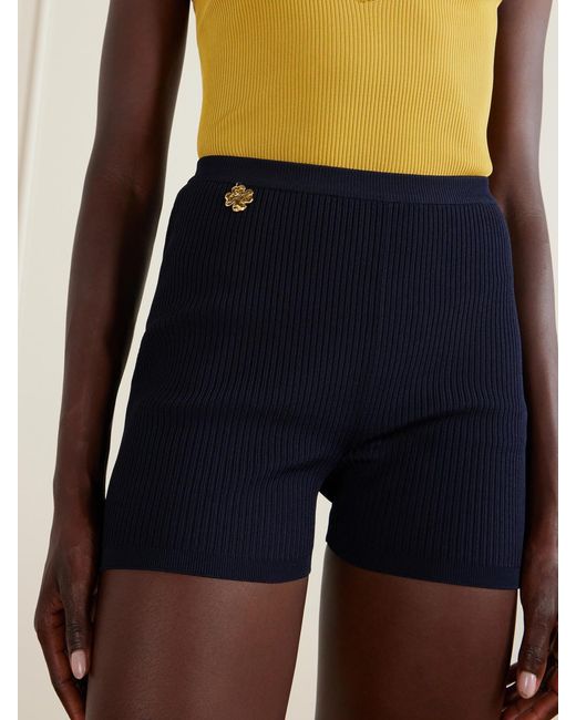 Saint Laurent Blue Logo-Embellished Ribbed Stretch-Jersey Shorts