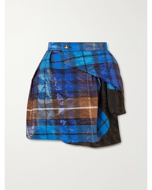 Vivienne Westwood Blue Zora Asymmetric Pleated Checked Twill Mini Skirt