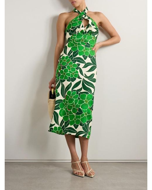 Cara Cara Green Perla Printed Linen Halterneck Midi Dress