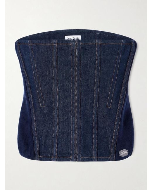 Jean Paul Gaultier Blue Ribbed Wool-Blend Trimmed Denim Corset Top