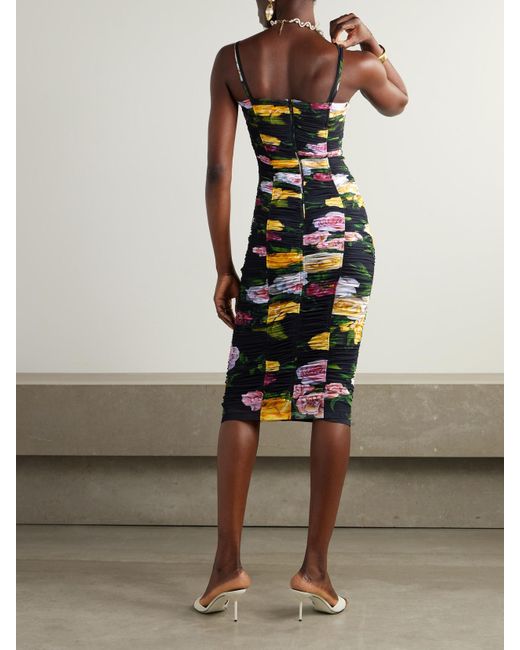 Dolce & Gabbana White Paneled Ruched Floral-Print Tulle Dress