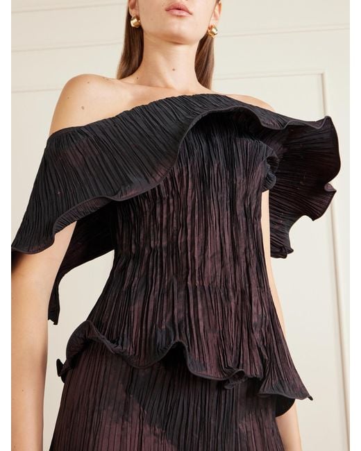 Marmar Halim Black Pleated Off-The-Shoulder Taffeta Gown