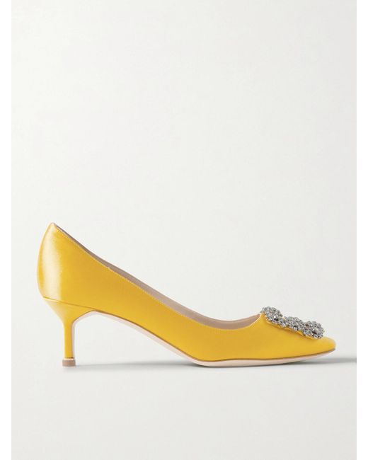 Manolo Blahnik Yellow Hangisi 50 Crystal-Embellished Satin Pumps
